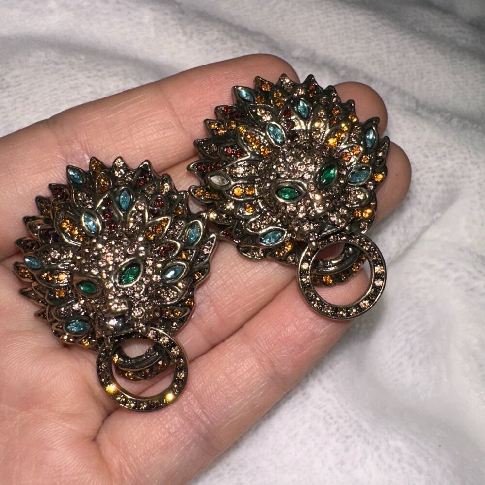 Vintage Gold Lion Head Door Knocker Statement Earrings Multicolor Crystal